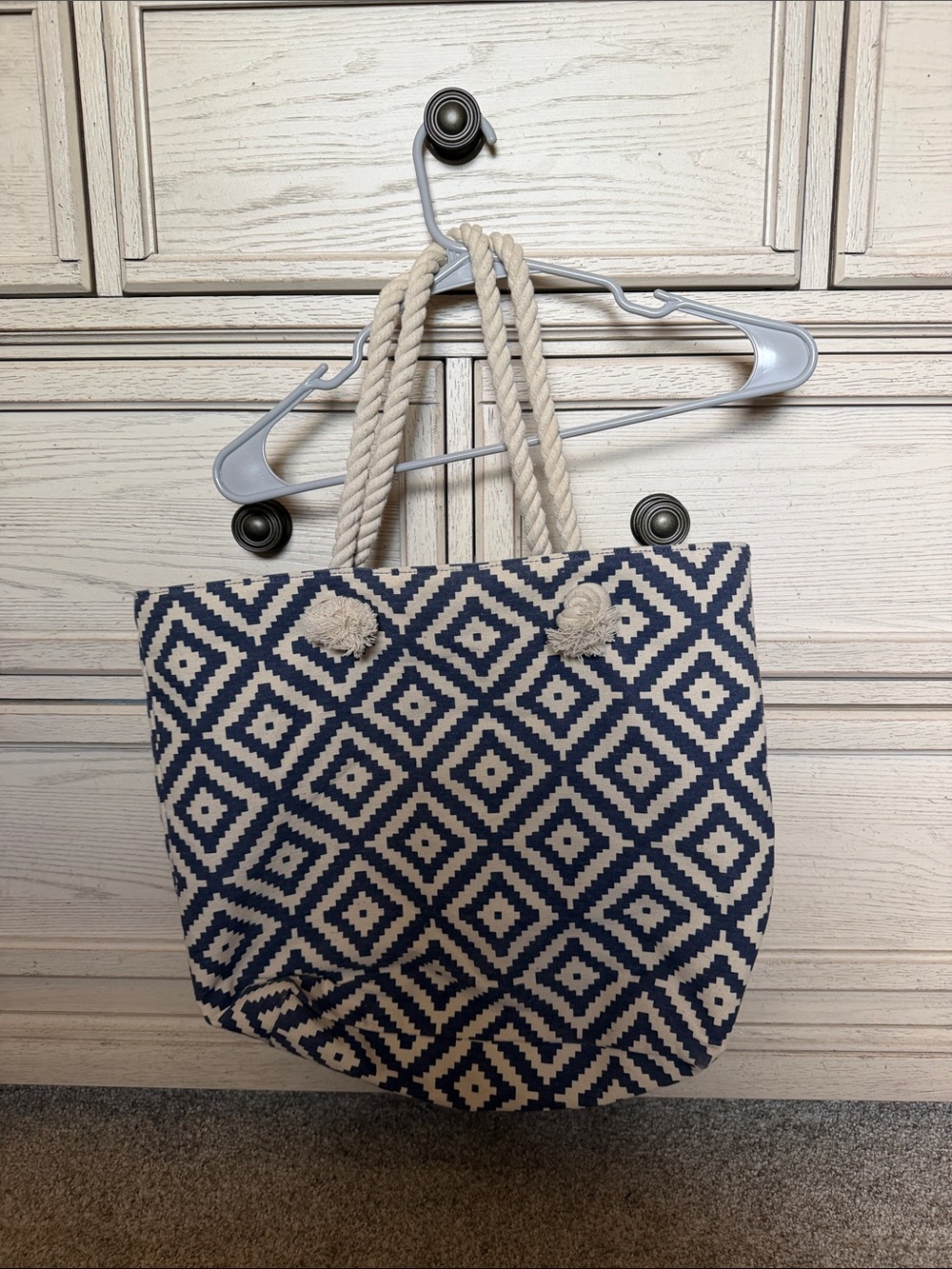 Navy and Cream Geometric Rope-Handle Tote Bag